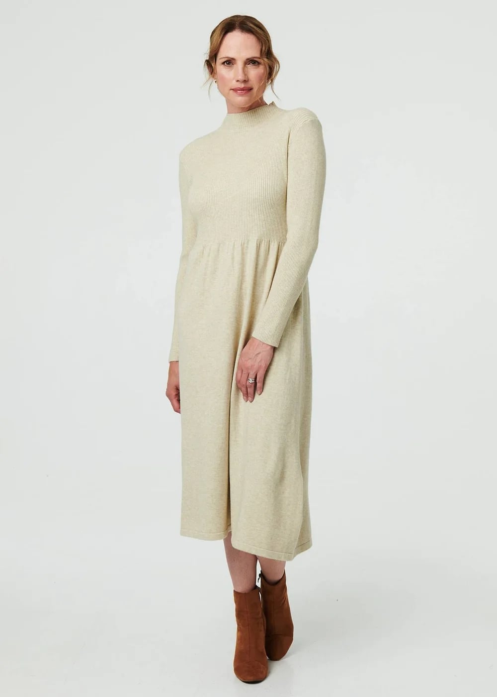 Beige Long Sleeve Knit Dress with Smocked Waist Beige Long Sleeve Knit Dress with Smocked Waist — Classy Knit Dress