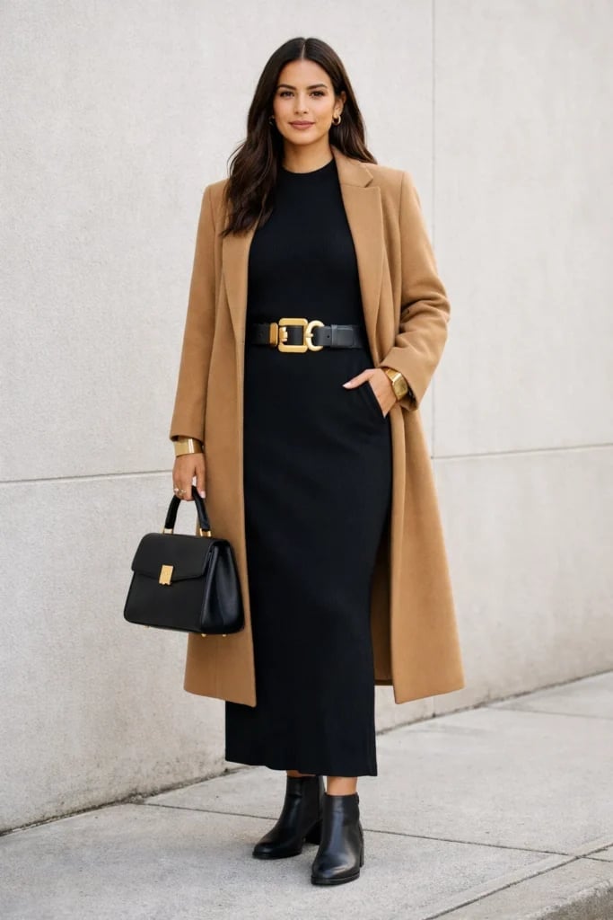 Long Sleeve Knit Maxi Dress with Camel Coat Long Sleeve Knit Maxi Dress with Camel Coat — Classy Knit Dress