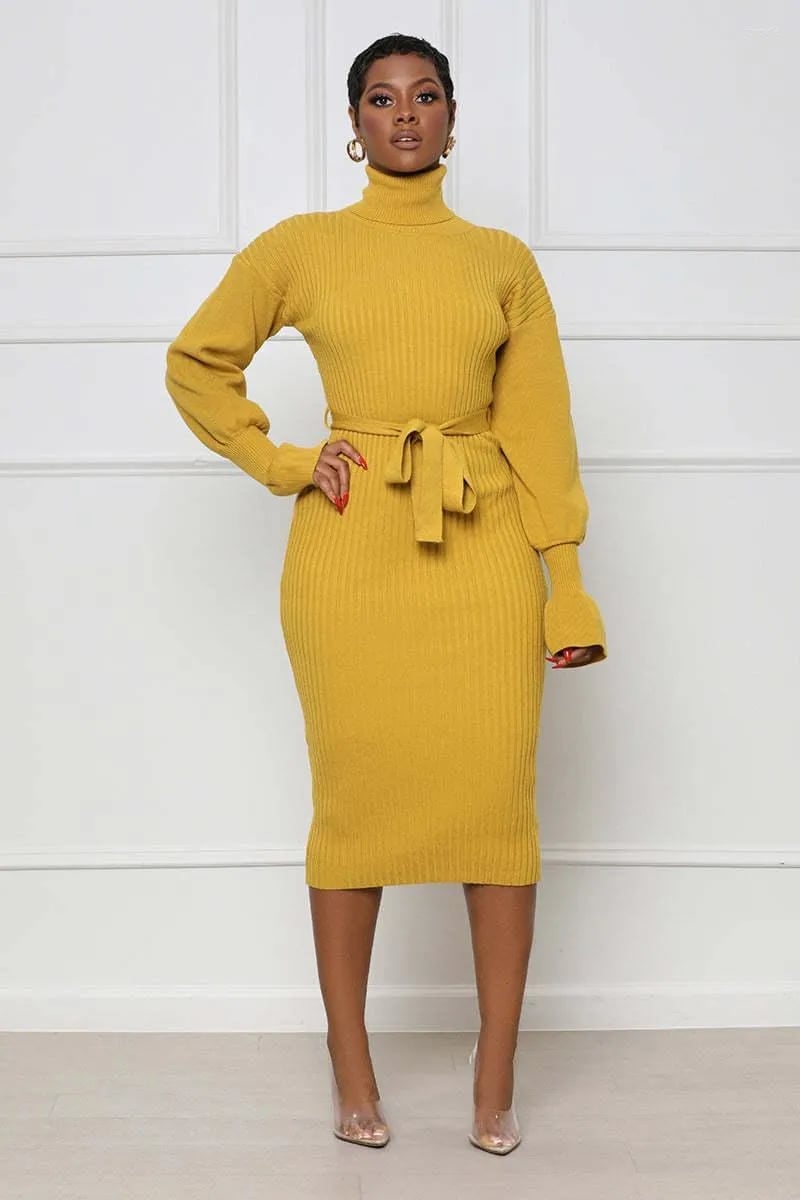 Mustard Yellow Ribbed Knit Midi Dress with Tie Belt Mustard Yellow Ribbed Knit Midi Dress with Tie Belt — Classy Knit Dress
