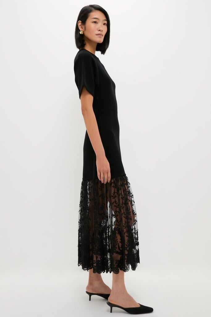 Black Short Sleeve Knit Midi Dress with Lace Hem Black Short Sleeve Knit Midi Dress with Lace Hem — Classy Knit Dress