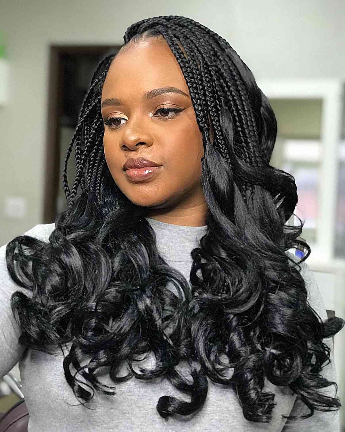 Shoulder Length Black Knotless Box Braids Loose Curls Shoulder Length Black Knotless Box Braids Loose Curls — Classy Knotless Braids