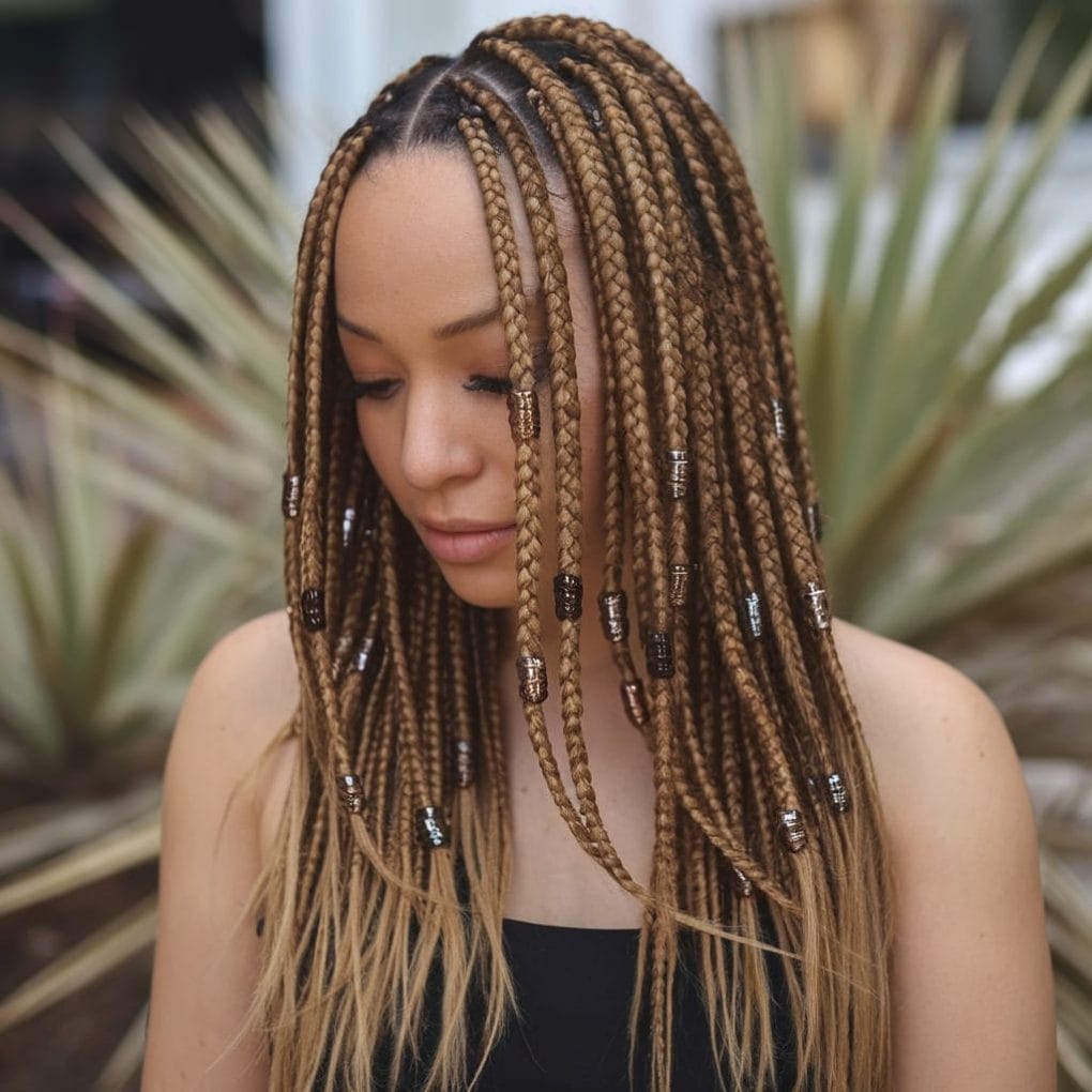 Mid-Back Light Brown Knotless Braids Blonde Tips Beads Mid-Back Light Brown Knotless Braids Blonde Tips Beads — Classy Knotless Braids