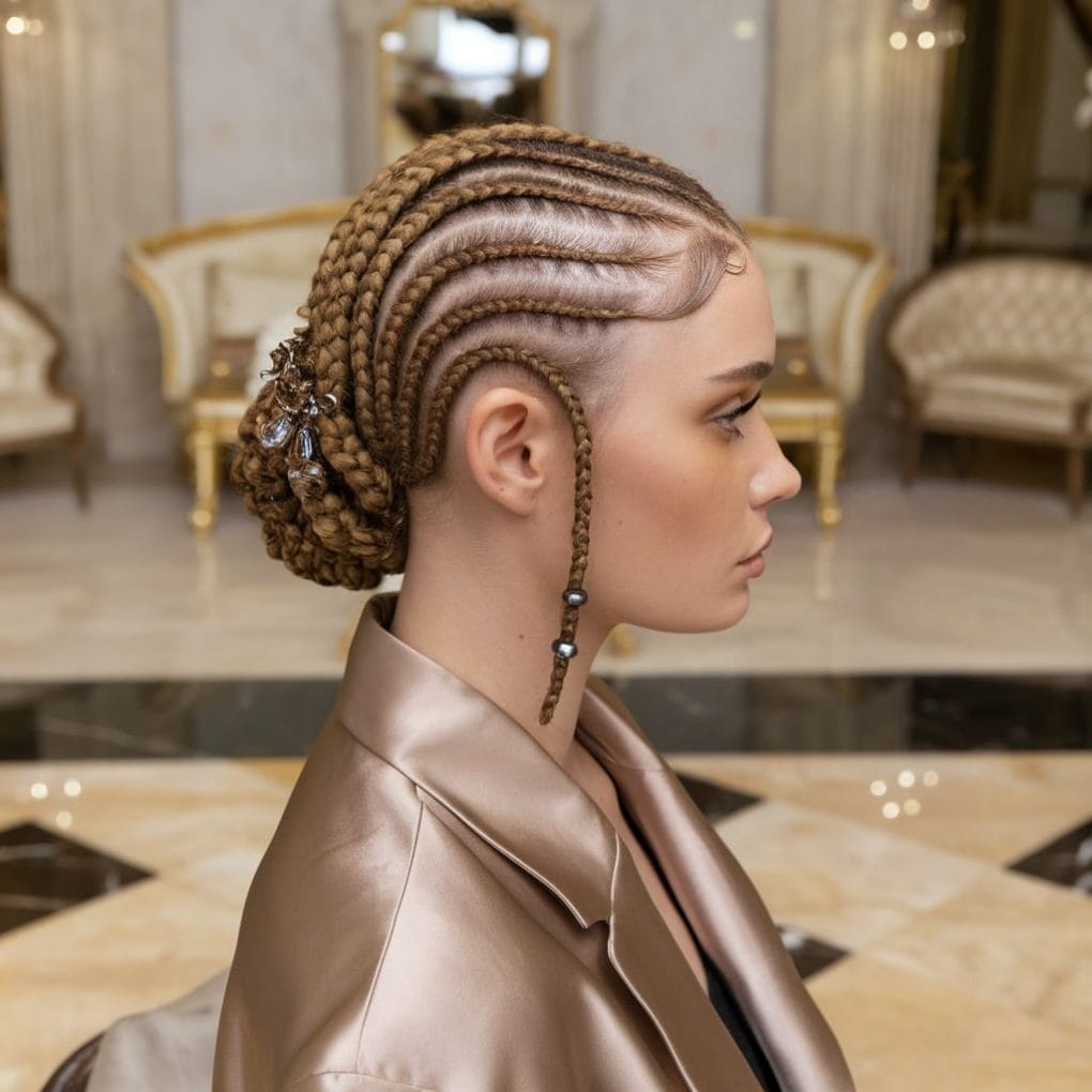 Mid-Back Light Brown Braided Updo With Beads Pearls Mid-Back Light Brown Braided Updo With Beads Pearls — Classy Knotless Braids