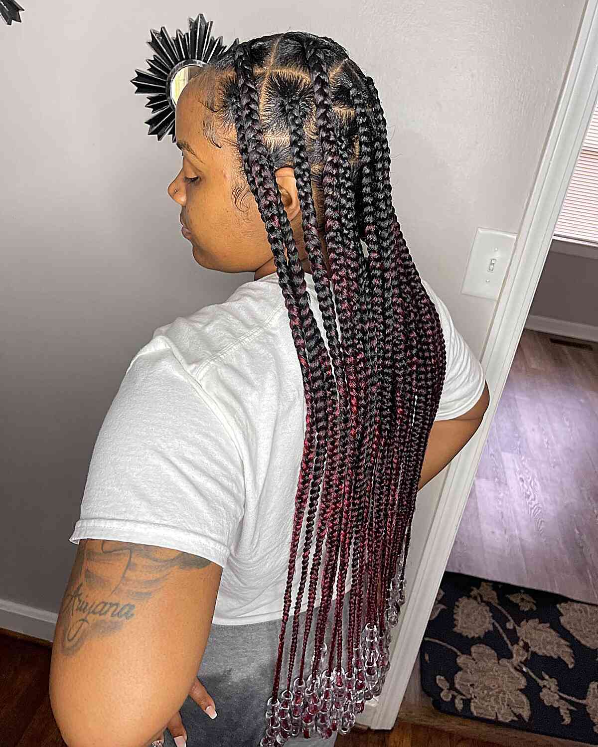 Black With Red Ombre Knotless Braids With Beads Black With Red Ombre Knotless Braids With Beads — Classy Knotless Hairstyles