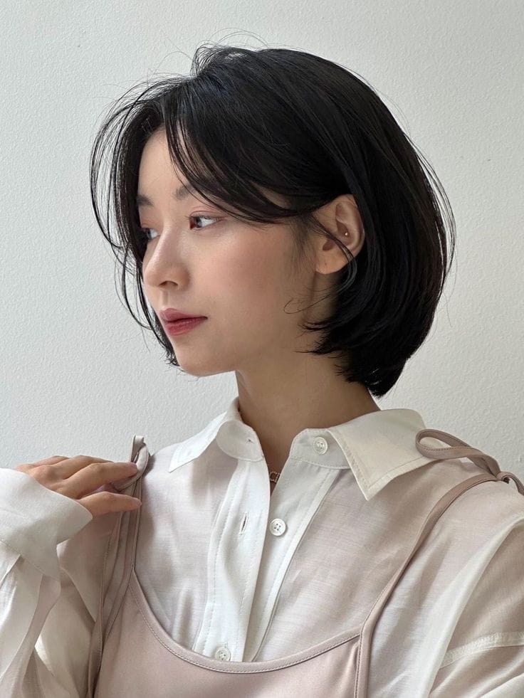Chin Length Black Bob With Wispy Bangs Chin Length Black Bob With Wispy Bangs — Classy Korean Hair