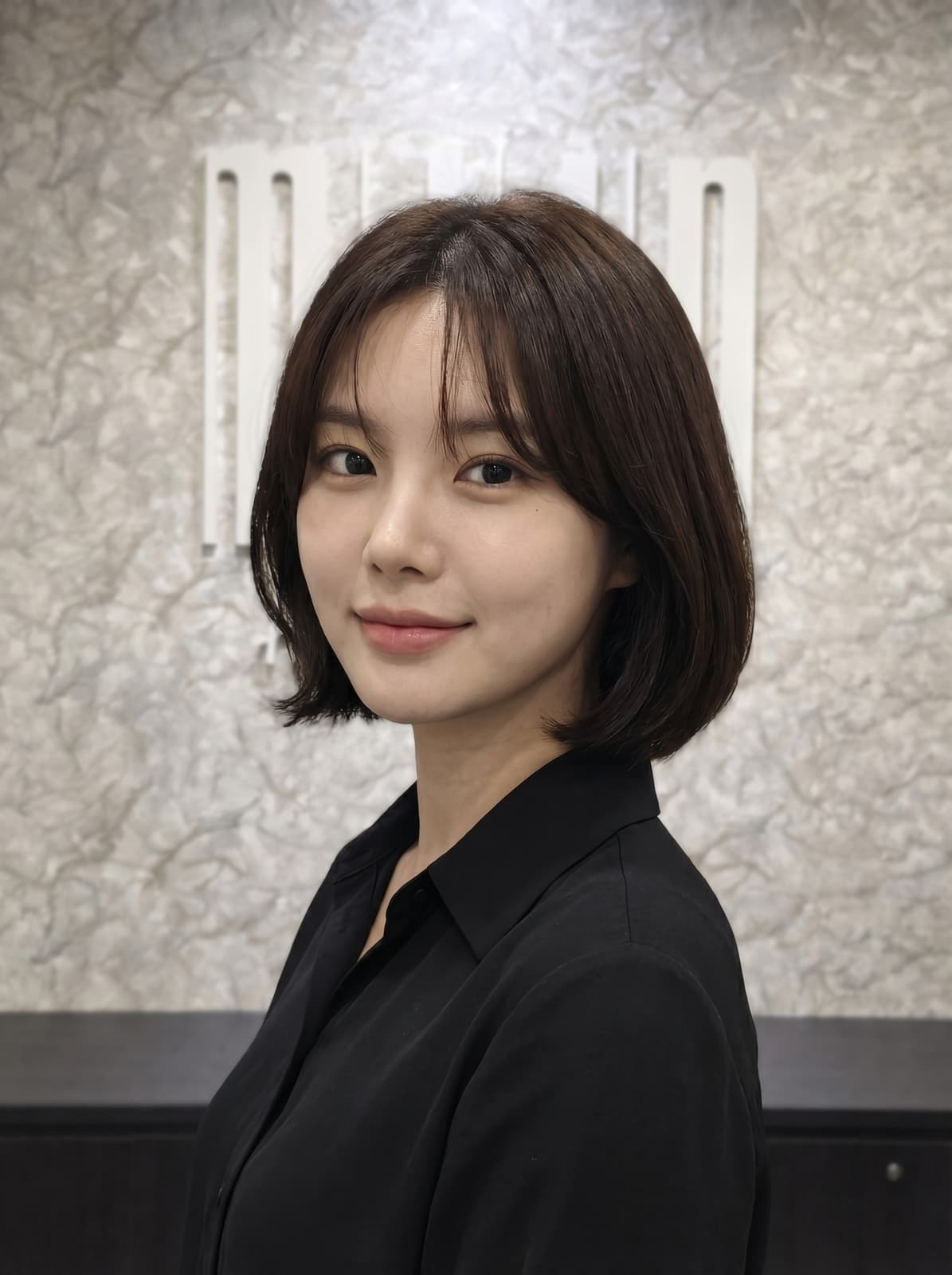 Dark Brown Chin Length Bob With Blunt Bangs, Close-Up Take Dark Brown Chin Length Bob With Blunt Bangs, Close-Up Take — Classy Korean Hair