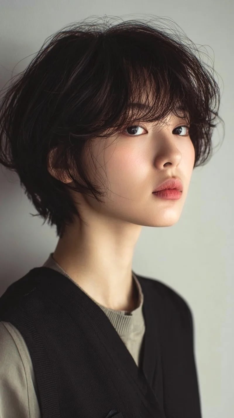 Short Textured Black Pixie With Choppy Bangs Short Textured Black Pixie With Choppy Bangs — Classy Korean Hair