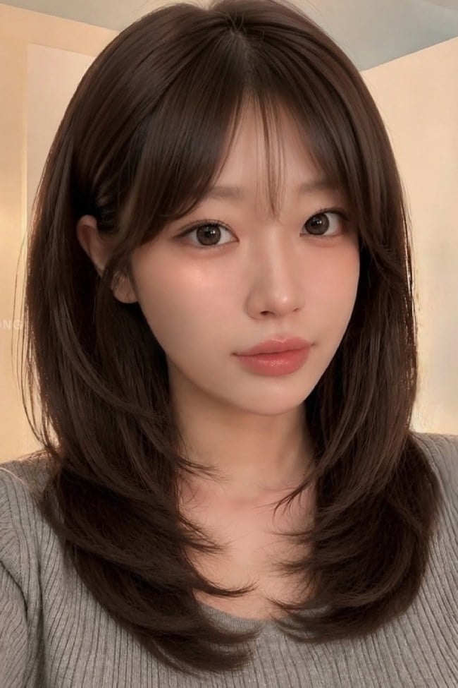Elegant Korean-Inspired Medium-Length Hairstyle with Soft Layers and Curtain Fringe