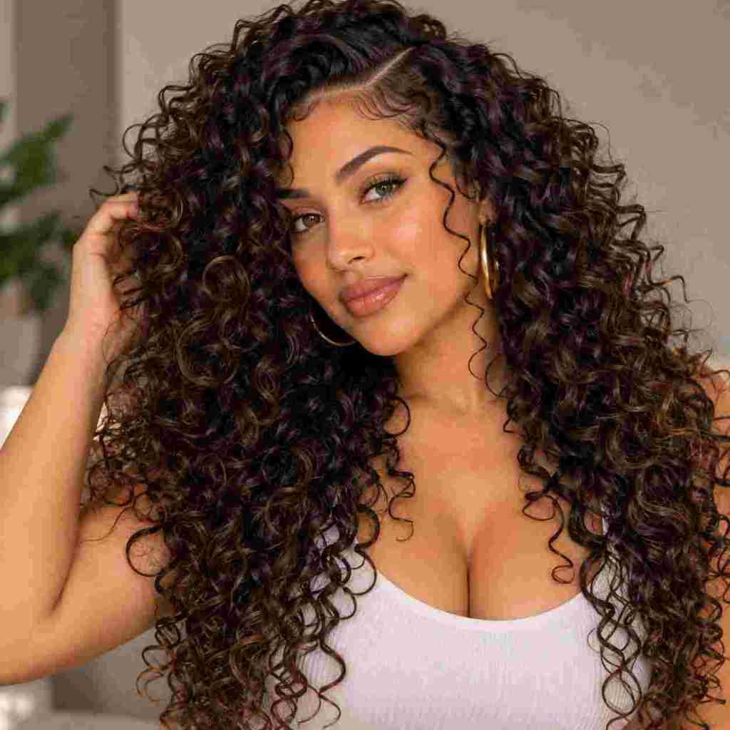 Mid-Back Curly Hair With Auburn Highlights Mid-Back Curly Hair With Auburn Highlights — Classy Latina Hairstyles