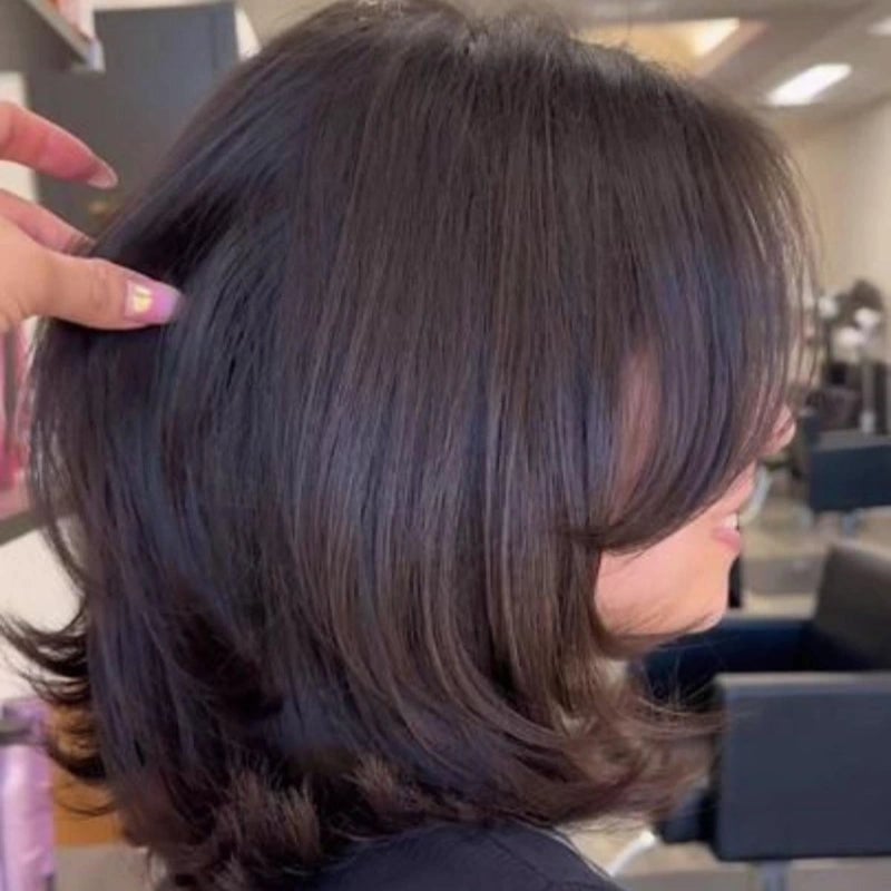 Chin Length Bob With Curtain Bangs — Classy Layered Haircuts for Medium Hair