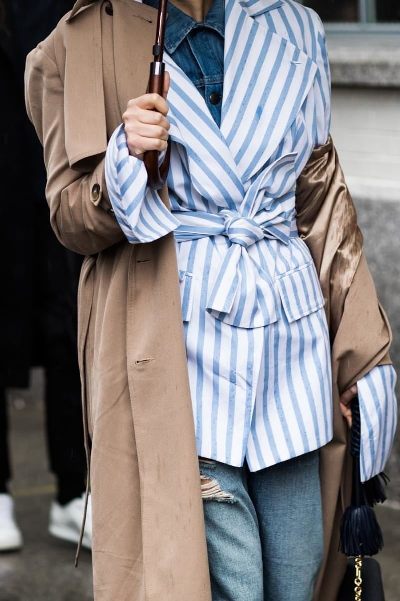 Beige Trench Over Striped Wrap Jacket And Denim Shirt Beige Trench Over Striped Wrap Jacket And Denim Shirt — Classy Layered Ideas