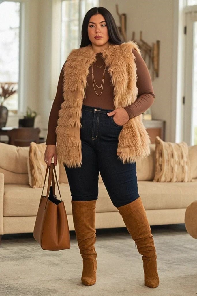 Faux Fur Vest Over Fitted Top And Slim Jeans Faux Fur Vest Over Fitted Top And Slim Jeans — Classy Layered Ideas
