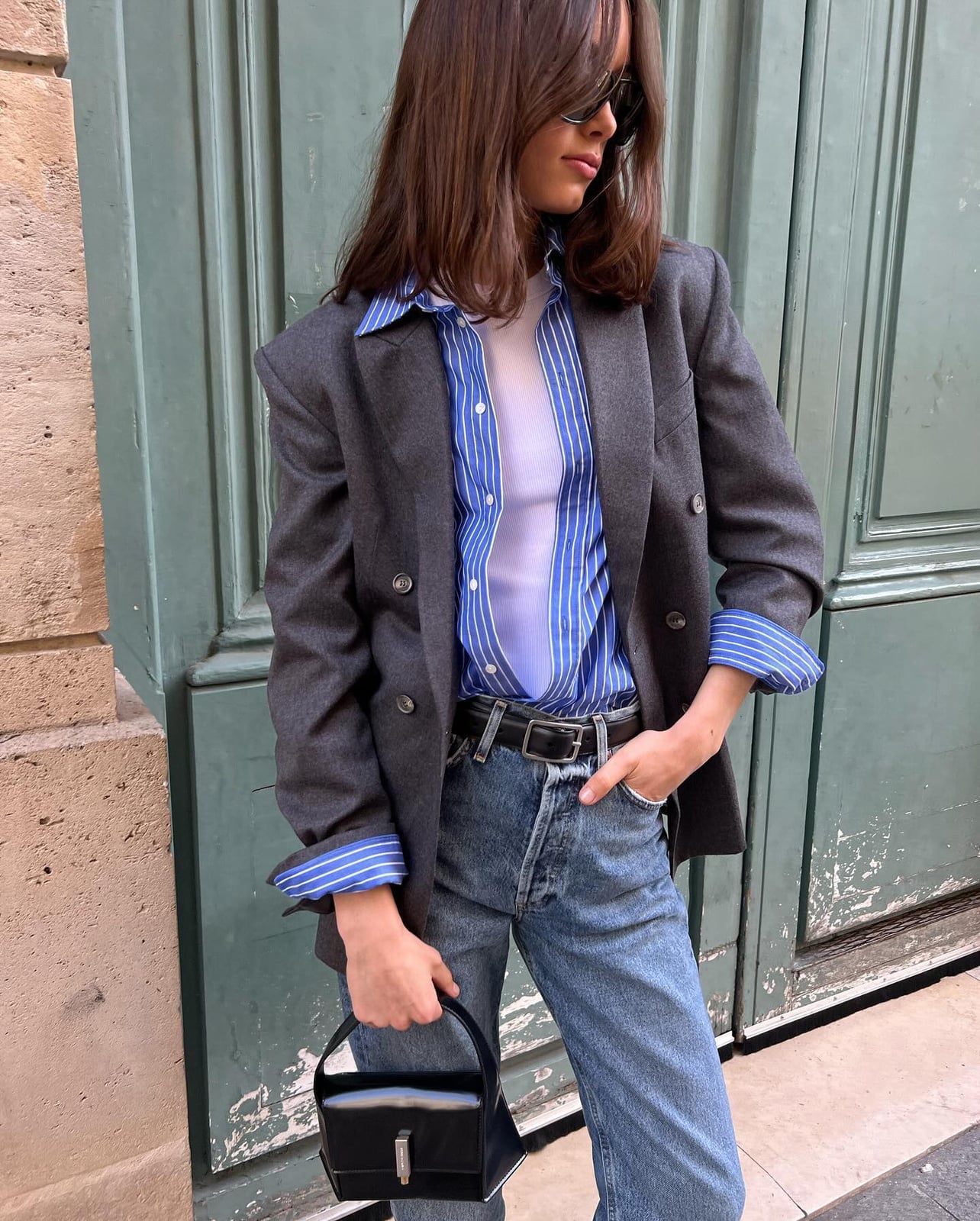 Grey Blazer Over Striped Shirt And Sheer Top Grey Blazer Over Striped Shirt And Sheer Top — Classy Layered Ideas