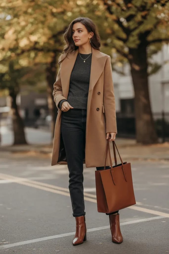 Camel Coat Over Crewneck Sweater And Jeans Camel Coat Over Crewneck Sweater And Jeans — Classy Layered Ideas