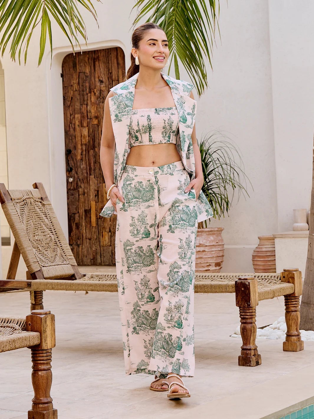 Toile Print Vest Set With Wide Leg Pants Toile Print Vest Set With Wide Leg Pants — Classy Layered Ideas