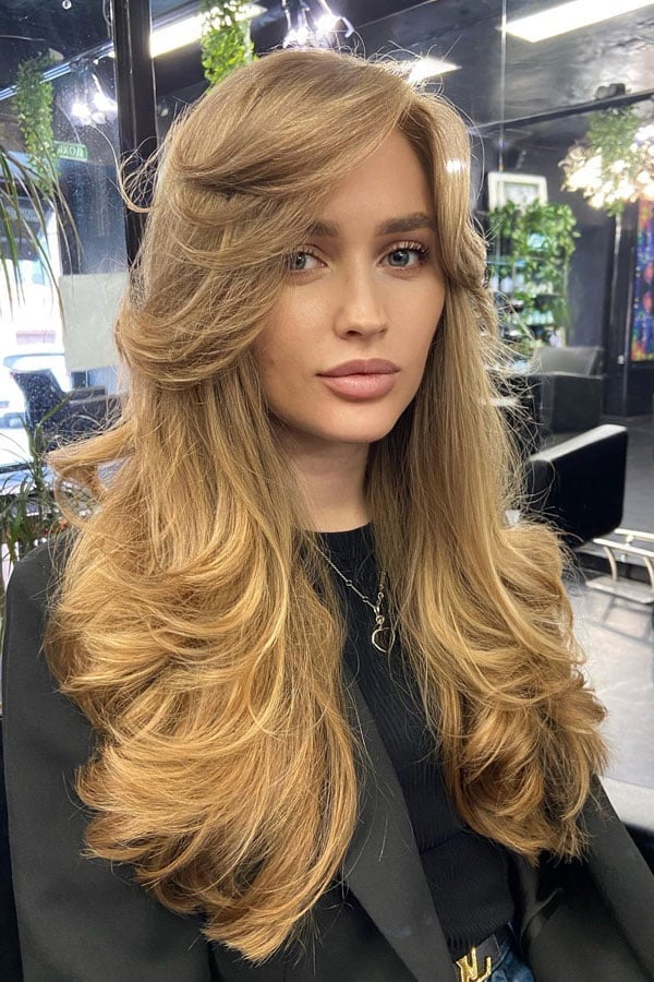 Warm Brown Blonde Highlighted Mid-Back Layers Warm Brown Blonde Highlighted Mid-Back Layers — Classy Layers Wig