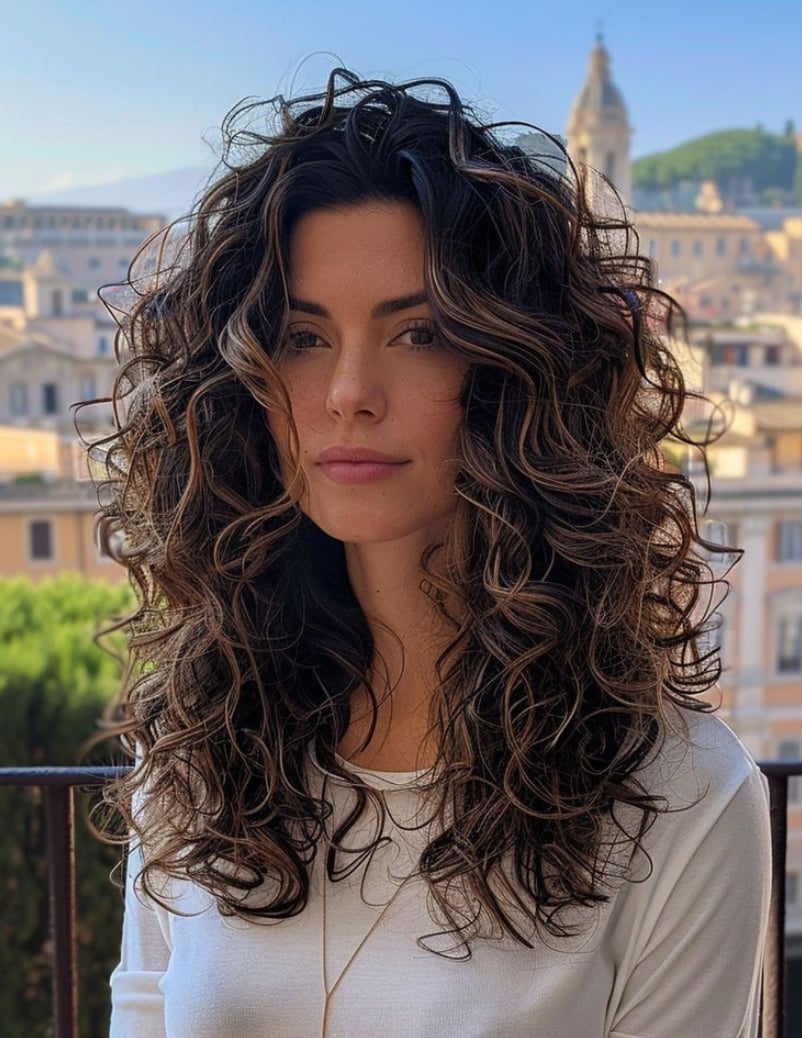 Brown Blonde Highlighted Mid-Back Waves With Curtain Bangs Brown Blonde Highlighted Mid-Back Waves With Curtain Bangs — Classy Layers Wig