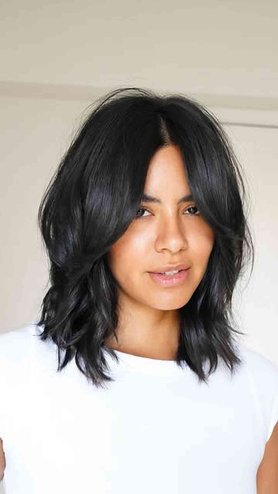 Dark Brown Collarbone Lob With Curtain Bangs Dark Brown Collarbone Lob With Curtain Bangs — Classy Layers Wig