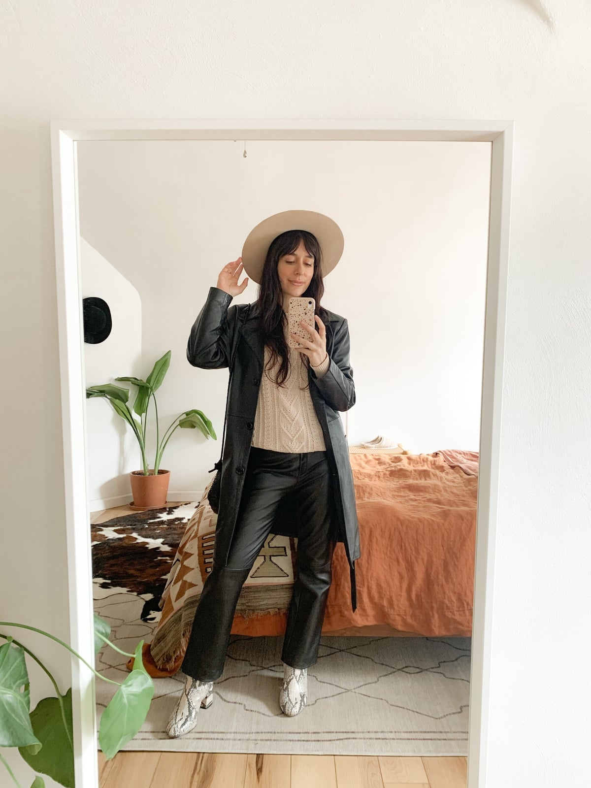 Long Black Leather Trench Coat Over Knit Sweater Long Black Leather Trench Coat Over Knit Sweater — Classy Leather Outfits