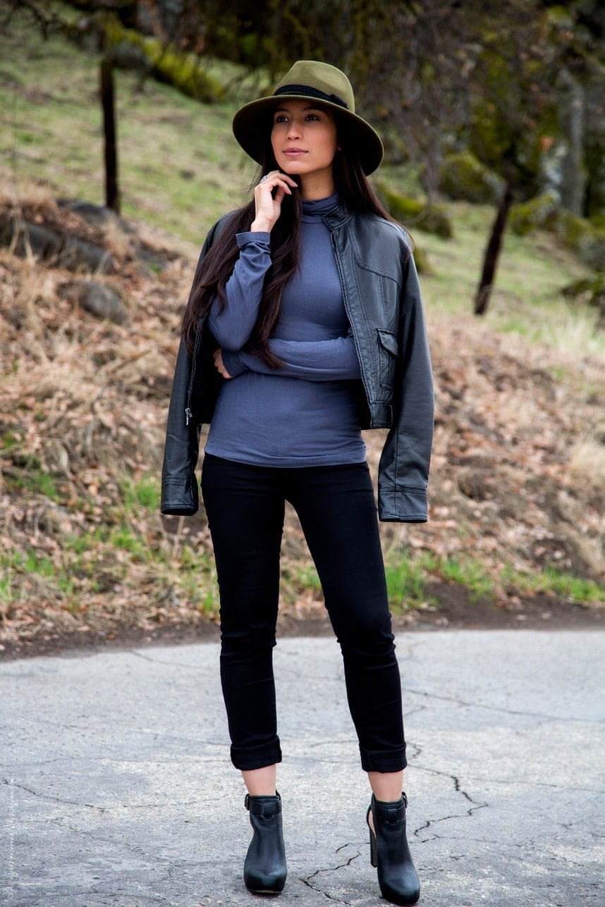 Black Leather Jacket Over Blue Turtleneck Black Leather Jacket Over Blue Turtleneck — Classy Leather Outfits