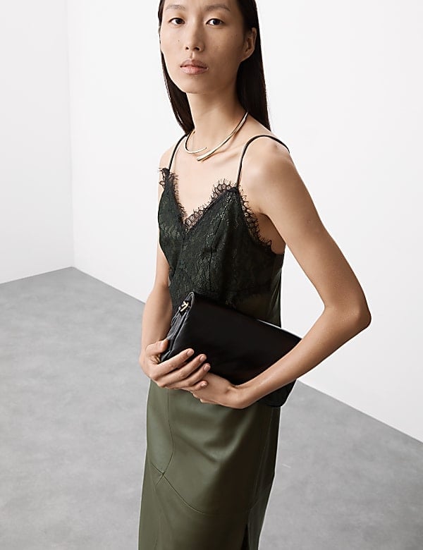 Green Leather Midi Skirt with Lace Camisole Green Leather Midi Skirt with Lace Camisole — Classy Leather Outfits