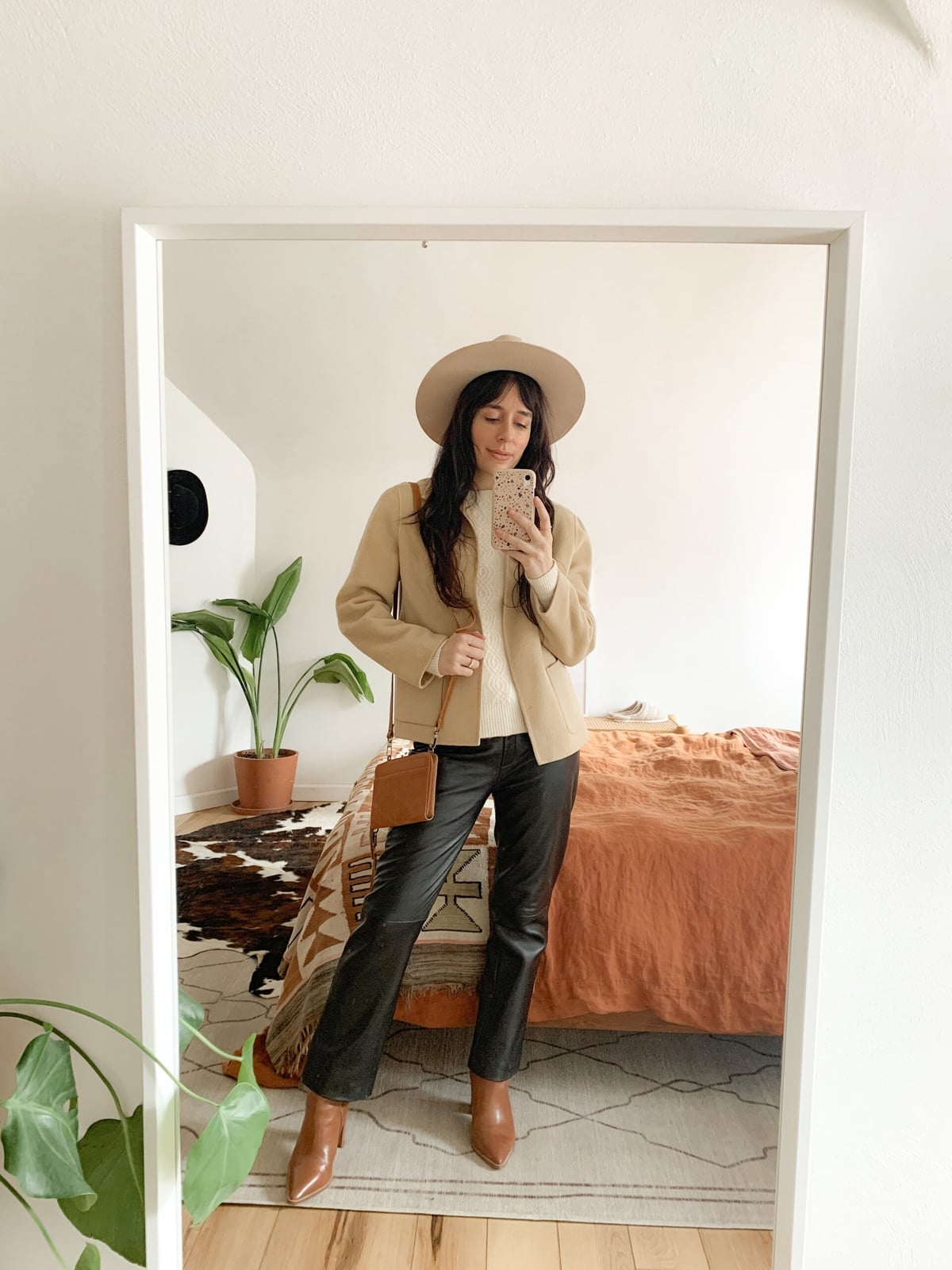 Wide Leg Leather Trousers With Knit Sweater And Camel Blazer Wide Leg Leather Trousers With Knit Sweater And Camel Blazer — Classy Leather Pants Outfits
