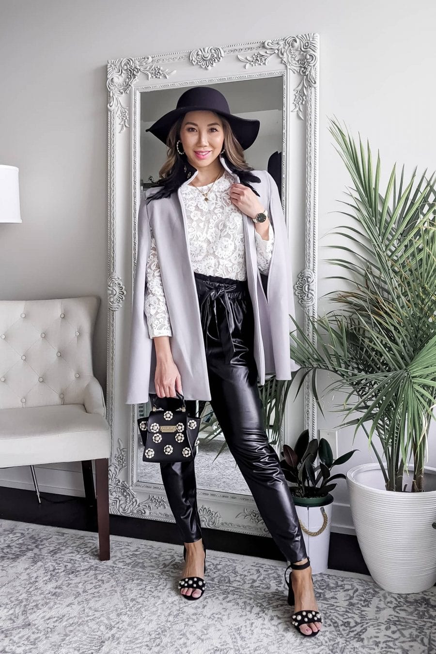Paperbag Waist Leather Pants With Lace Top And Cape, Close-Up Take Paperbag Waist Leather Pants With Lace Top And Cape, Close-Up Take — Classy Leather Pants Outfits
