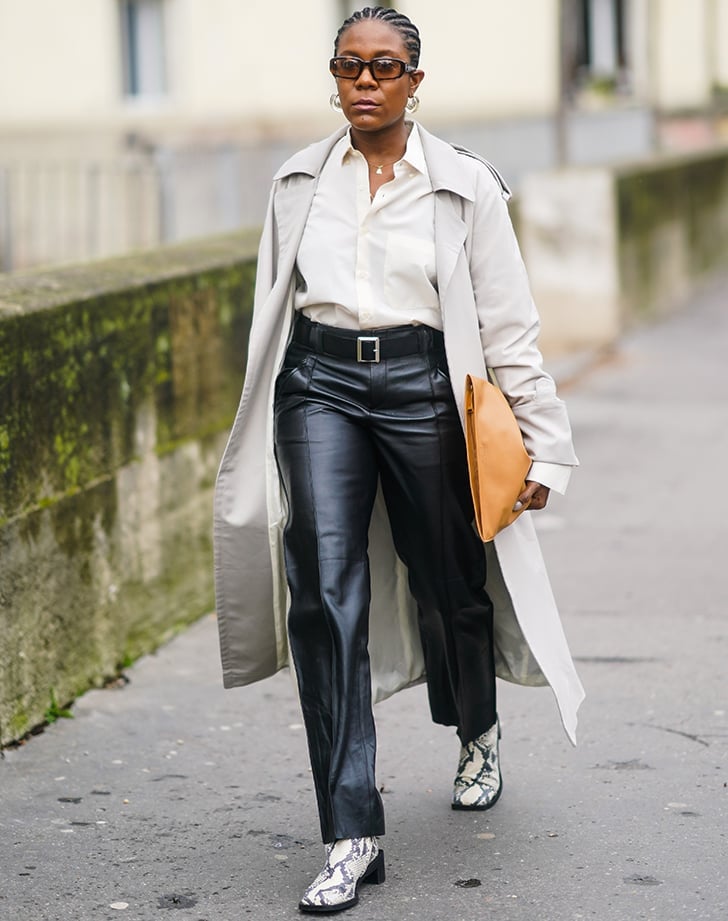 Straight Leg Leather Trousers With Button Down Shirt And Trench Straight Leg Leather Trousers With Button Down Shirt And Trench — Classy Leather Pants Outfits