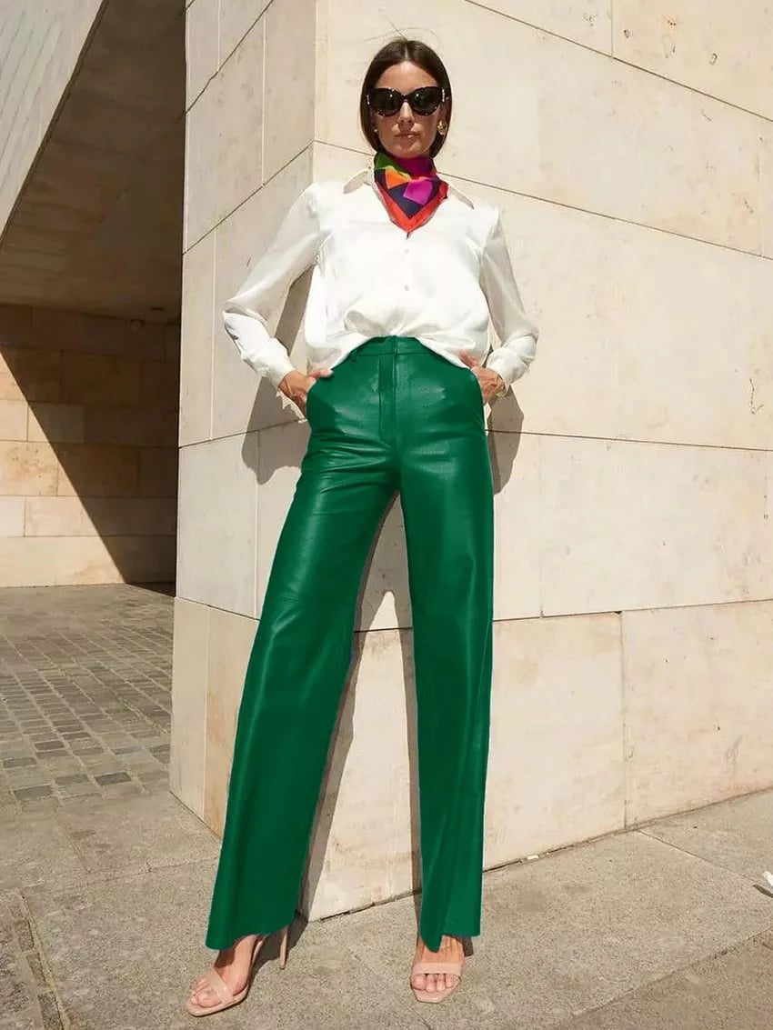 Vibrant Green Wide Leg Leather Pants With Oversized Shirt Vibrant Green Wide Leg Leather Pants With Oversized Shirt — Classy Leather Pants Outfits