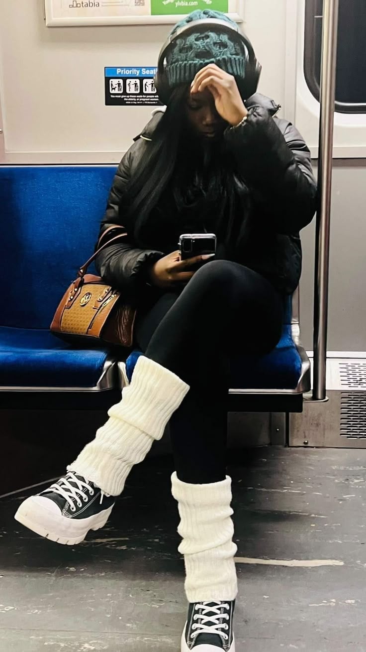 Black Puffer Jacket With White Leg Warmers Black Puffer Jacket With White Leg Warmers — Classy Leg Warmers Outfits
