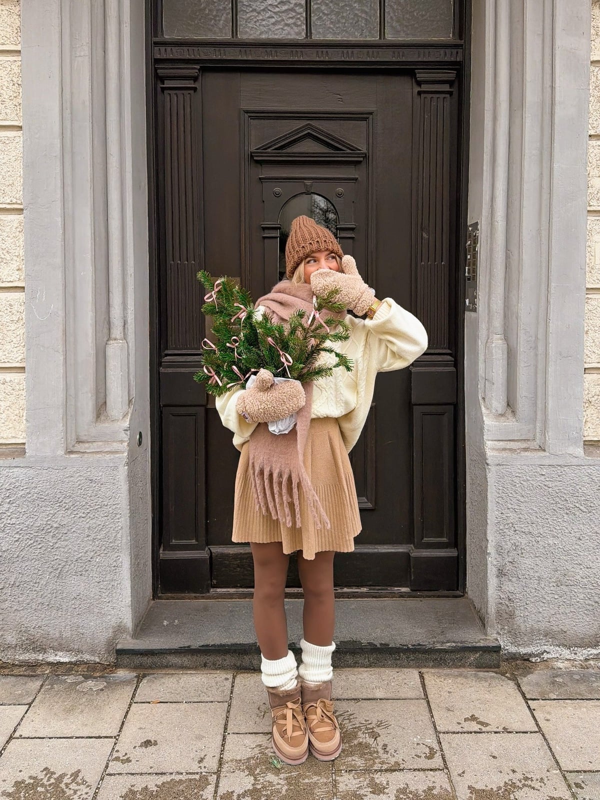 Cozy Knit Sweater With Pleated Skirt And White Leg Warmers Cozy Knit Sweater With Pleated Skirt And White Leg Warmers — Classy Leg Warmers Outfits