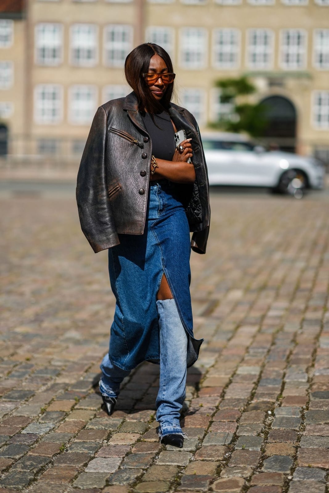 Distressed Denim Skirt With Matching Leg Coverings Distressed Denim Skirt With Matching Leg Coverings — Classy Leg Warmers Outfits