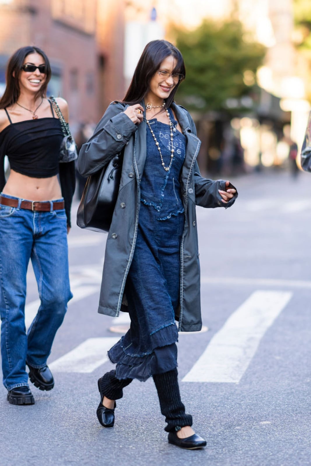 Denim Corset Top With Grey Trench Coat And Leg Warmers, Close-Up Take Denim Corset Top With Grey Trench Coat And Leg Warmers, Close-Up Take — Classy Leg Warmers Outfits