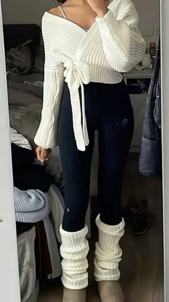 White Wrap Sweater With Black Leggings And Leg Warmers, Close-Up Take White Wrap Sweater With Black Leggings And Leg Warmers, Close-Up Take — Classy Leg Warmers Outfits