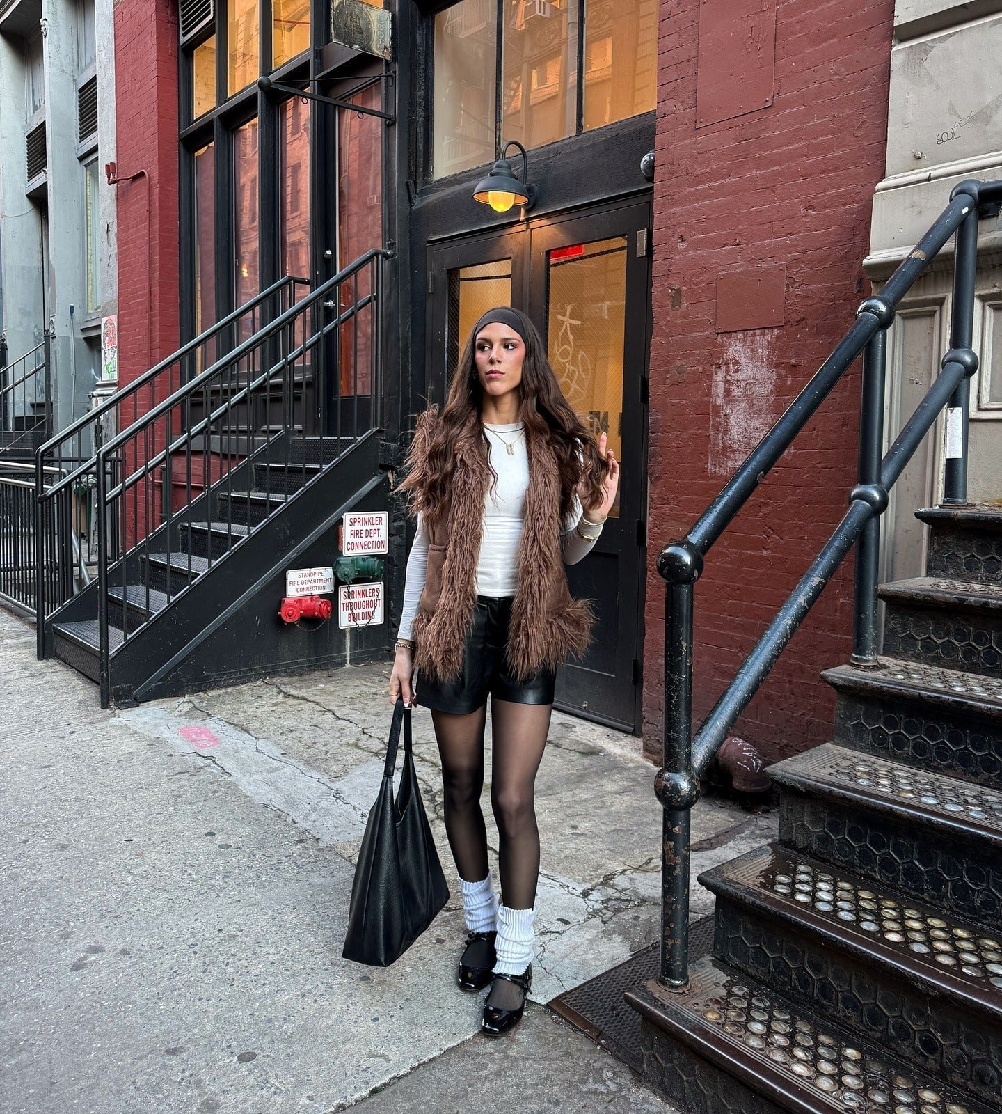 Faux Fur Vest With Leather Shorts And White Leg Warmers Faux Fur Vest With Leather Shorts And White Leg Warmers — Classy Leg Warmers Outfits
