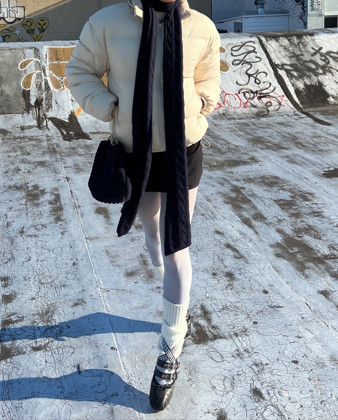 Cream Puffer Jacket With Mini Skirt And White Leg Warmers Cream Puffer Jacket With Mini Skirt And White Leg Warmers — Classy Leg Warmers Outfits