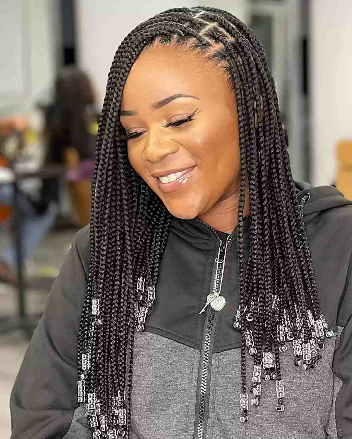 Mid-Back Straight Box Braids With Beads, Close-Up Take — Classy Length Braids