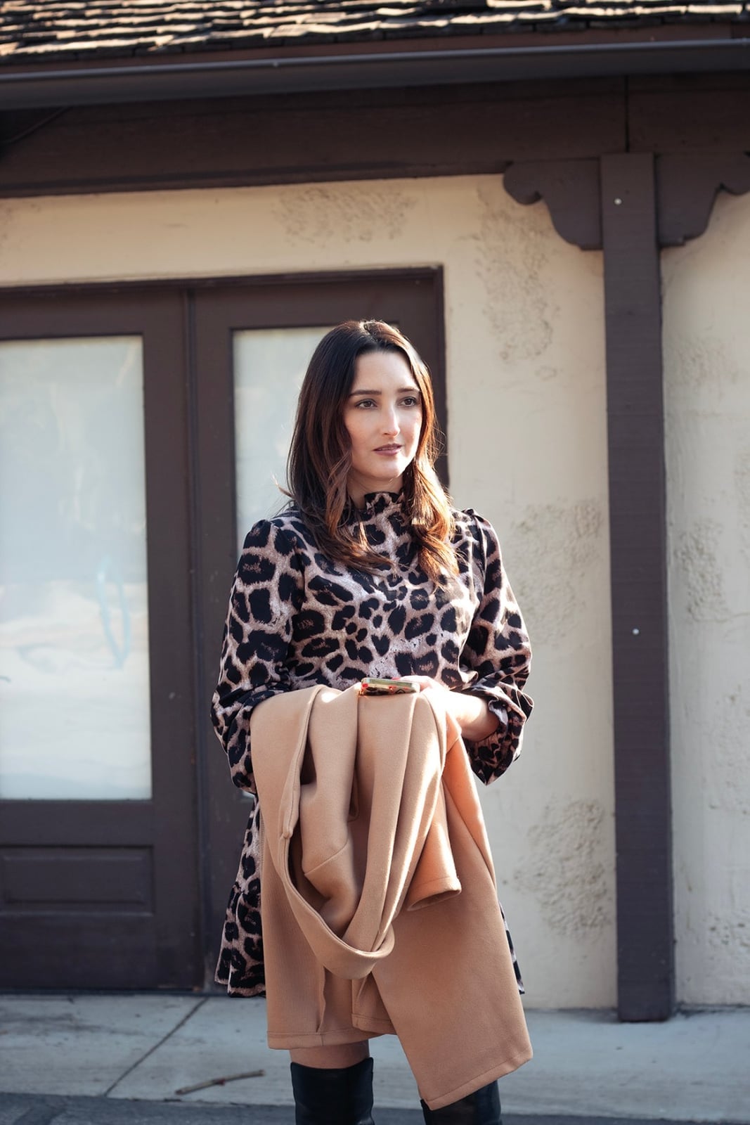 Leopard Dress With Camel Coat Layer Leopard Dress With Camel Coat Layer — Classy Leopard Outfits
