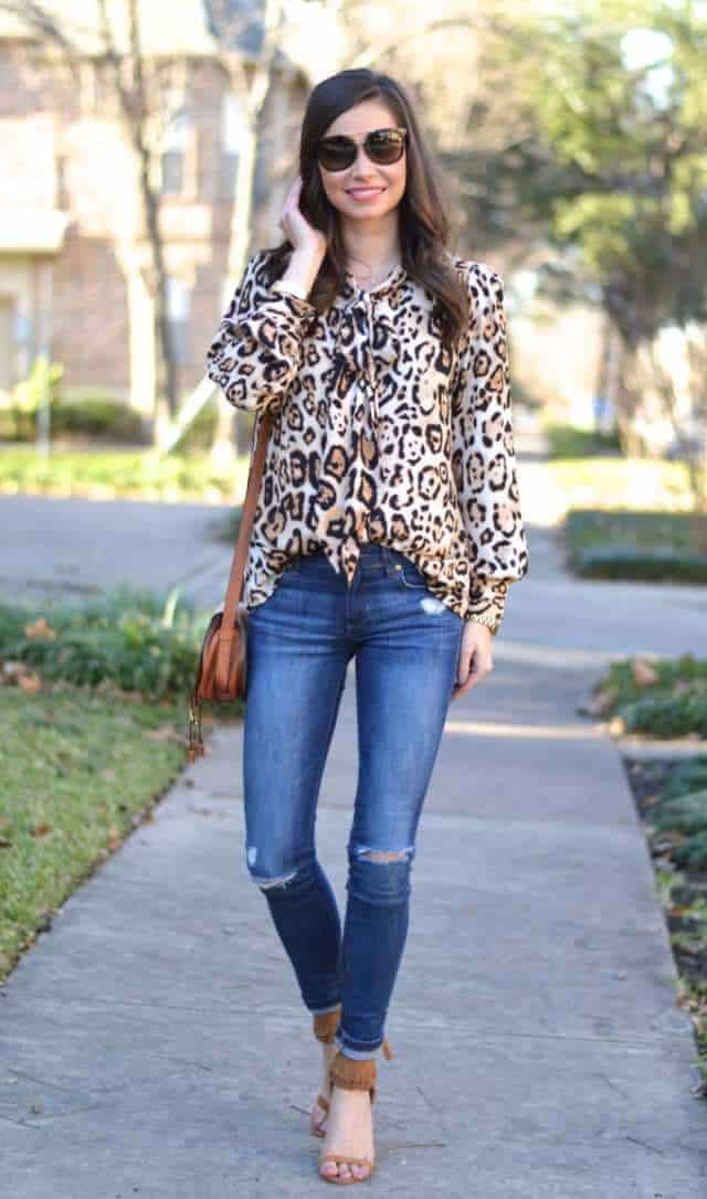 Leopard Silk Blouse With Denim Jeans Leopard Silk Blouse With Denim Jeans — Classy Leopard Outfits