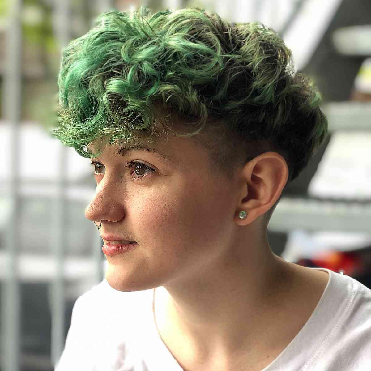 Thick Curly Green Pixie With Undercut Thick Curly Green Pixie With Undercut — Classy Lesbian Haircuts