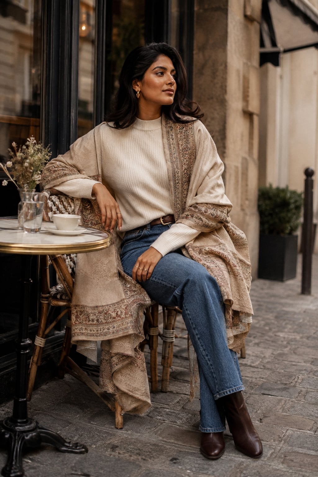 Casual Light Blue Straight Leg Jeans With A Patterned Shawl Casual Light Blue Straight Leg Jeans With A Patterned Shawl — Classy Light Blue Jeans Outfits