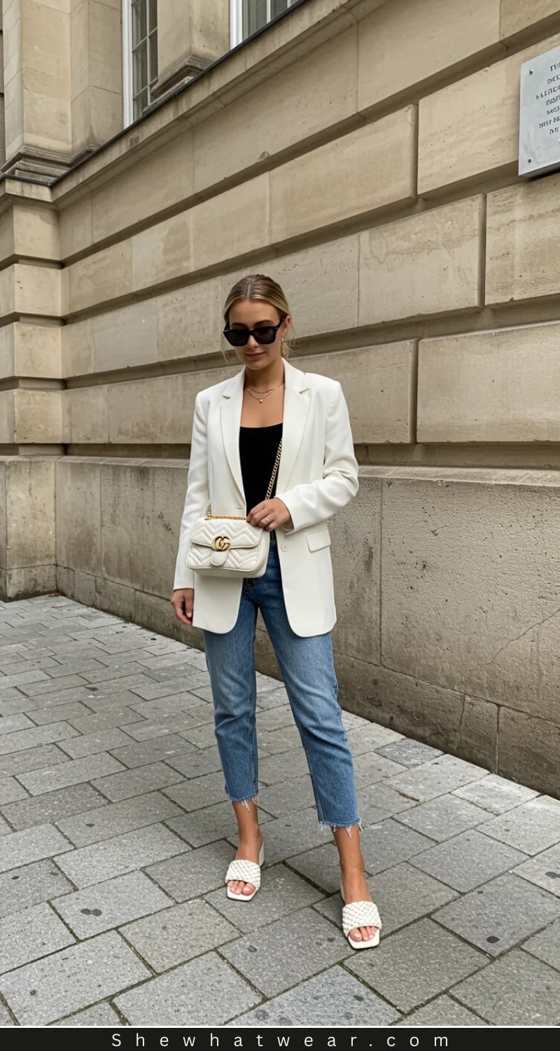 Light Blue Jeans With White Blazer And Slides Light Blue Jeans With White Blazer And Slides — Classy Light Blue Jeans Outfits