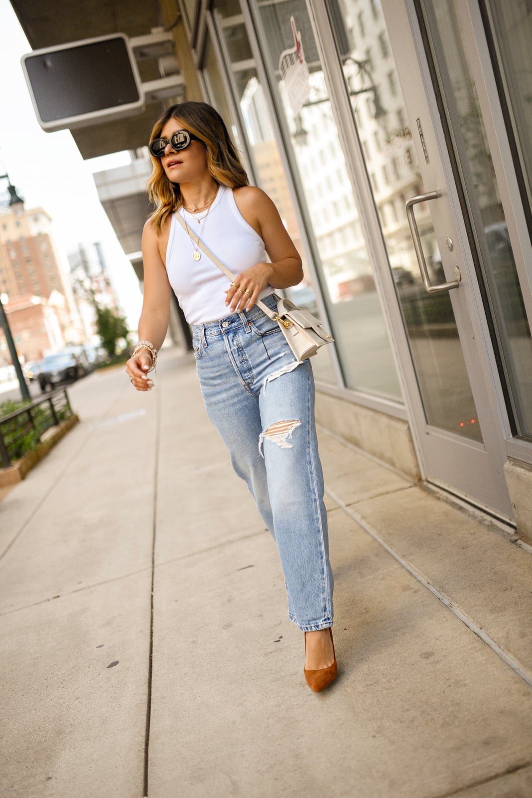 Distressed Light Blue Straight Leg Jeans With Halter Tank Distressed Light Blue Straight Leg Jeans With Halter Tank — Classy Light Blue Jeans Outfits
