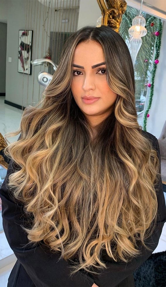Mid-Back Loose Waves With Balayage Transition — Classy Light Brown Hair with Blonde