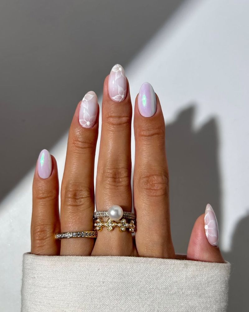 Pink Cat-Eye Medium Almond Nails With 3D Flowers Pink Cat-Eye Medium Almond Nails With 3D Flowers — Classy Light Nails