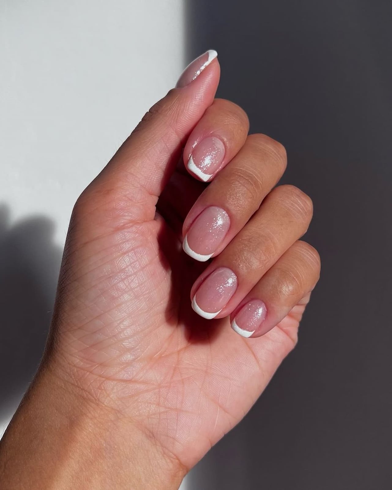 Glitter Sheer Nude Short Almond French Nails Glitter Sheer Nude Short Almond French Nails — Classy Light Nails