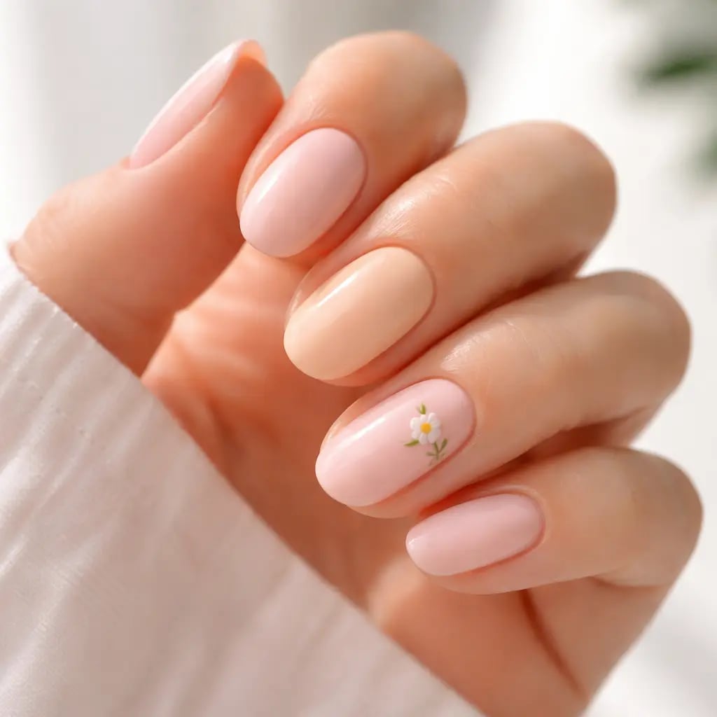Short Oval Nails In Pale Pink Peach With Floral Art Short Oval Nails In Pale Pink Peach With Floral Art — Classy Light Nails