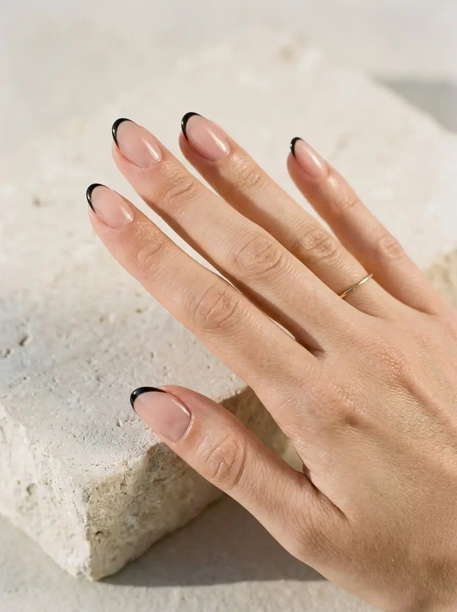Sheer Nude Almond Nails With Black French Tip Sheer Nude Almond Nails With Black French Tip — Classy Light Nails