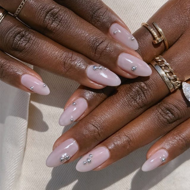 Sheer Pale Pink Medium Almond Nails With Studs Sheer Pale Pink Medium Almond Nails With Studs — Classy Light Nails