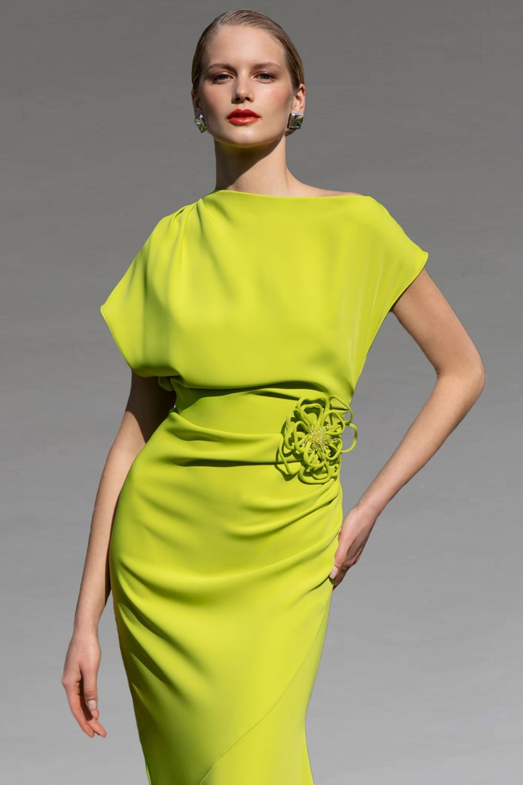 Mid Length Fluted Dress With Flower Detail. Maisonel ME0006. - Catherines of Partick